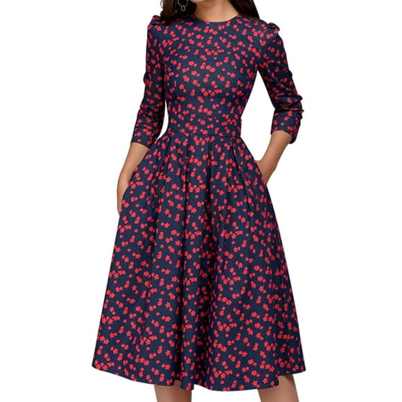 Simple Flavor Women s Floral Vintage Dress Elegant Midi Evening Dress 3 4 Sleeves Red, L