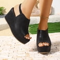 thumbnail image 2 of Rokment Women's Platform Wedge Gladiator Dressy Sandals Fashion Casual Metallic Leather Peep Toe Chunky High Heels Elastic Slingback Summer Shoes for Ladies Black Size 6, 2 of 6