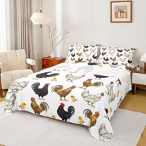 Manfei Cartoon Rooster Twin Sheet Sets 3pcs, Kawaii Chicken Twin Fitted Sheet, Cute Farm Animal Flat Sheet, White Luxury Bedroom Decor