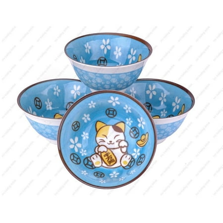 

M.V. Trading MVSZ15/BL Blue with Japanese Maneki Design Soup Bowl 5¼-Inch Set of 4