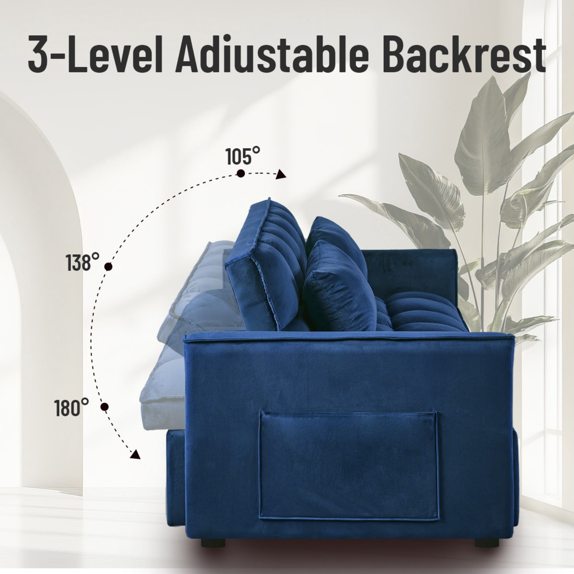 BSHTI 51.1" Pull-Out Sleeper Sofa Bed, Twin-Size Fold Out Sleeper, With 3 Angles Backrest Reclined, Velvet Upholstery, Side Storage Pocket and Two Pillows, Blue