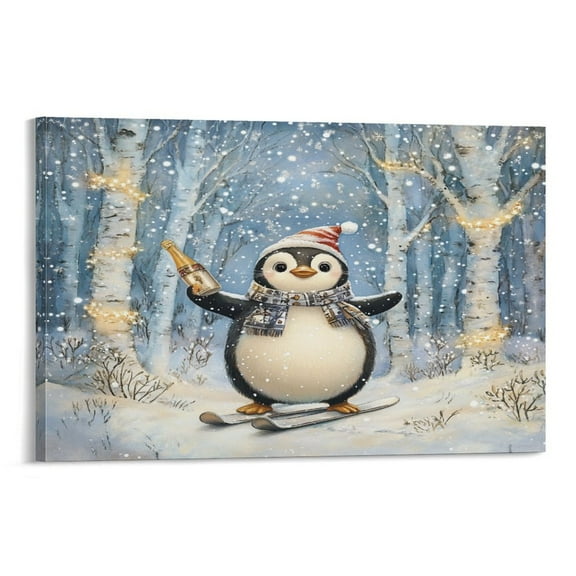 Canvas Print Cute Penguin in Winter Canvas Picture Winter Holiday Decor Bathroom Wall Art 08x12inch Wall Decor For Bathroom Living Room Bedroom Office Kitchen Framed Artwork