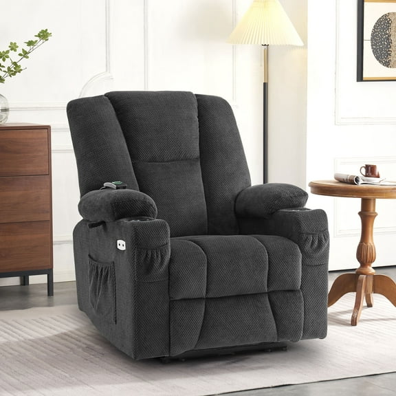 MCombo Electric Power Recliner Chair with Massage & Heat, Extended Footrest, USB Ports, 2 Side & Front Pockets, Cup Holders, Grey Plush Fabric 8015