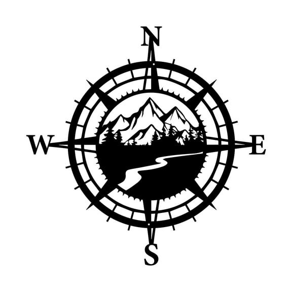 ESTART Black Metal Mountain and Compass Wall Art, Nautical Forest Decor for Coastal Theme Home Indoor Outdoor