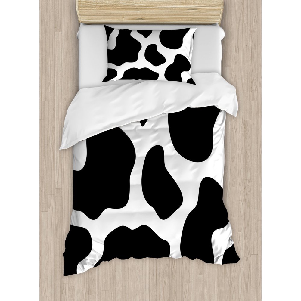 Cow Print Duvet Cover Set, Hide of a Cow with Black Spots Abstract and