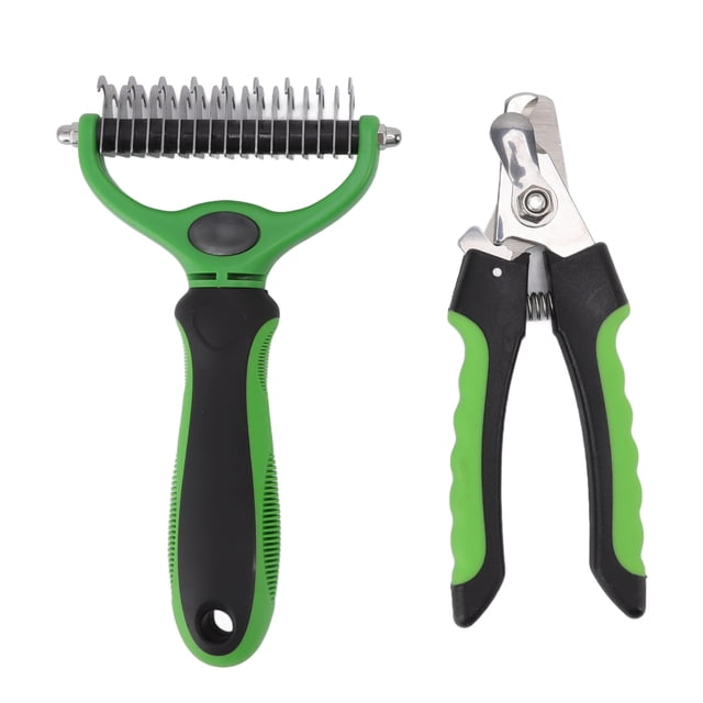 Rastrillo para el subpelo de mascotas, kit de aseo de doble cara para eliminar nudos, peine para la muda de pelo de mascotas con cortaúñas para perros, gatos y conejos.
