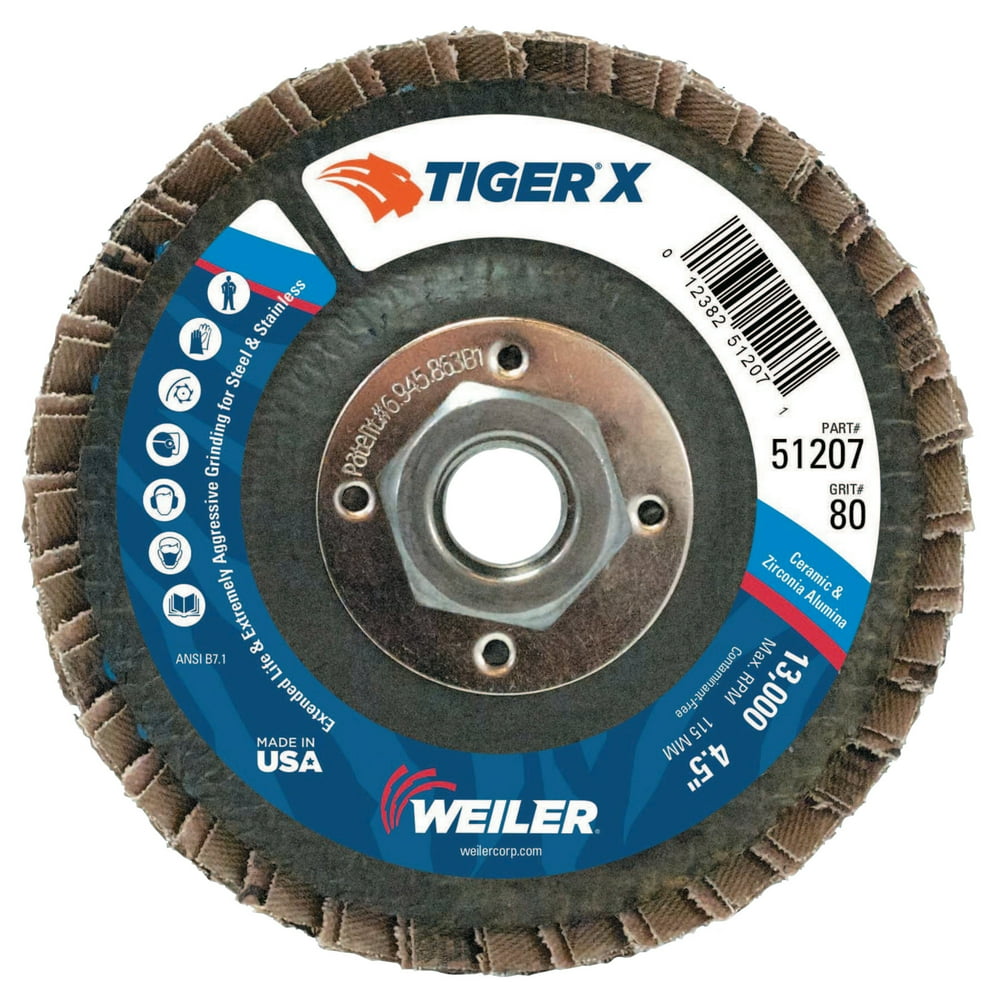 Weiler TIGER X Flap Disc, 4 1/2 in Angled, 80 Grit, 5/8 in 11 Arbor