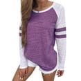 thumbnail image 1 of Women Crew Neck Long Sleeve Stripe Splice Colorblock Blouse, 1 of 10