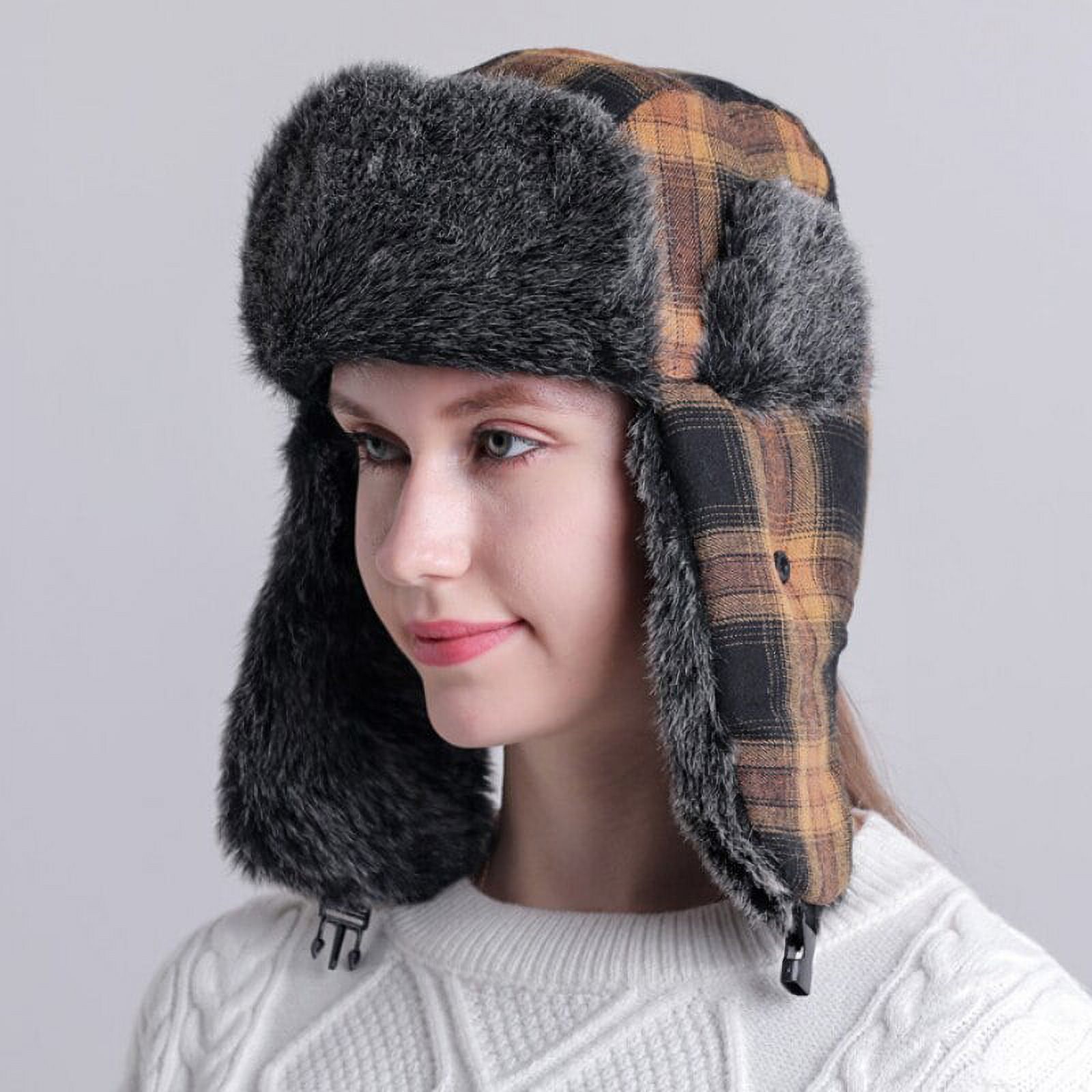 SikaFu Men Women Winter Hat Plaid Thick Warm Russian Hat Male Female Ski Trapper Earflap Cap Windproof Bomber Hat Russian Cap