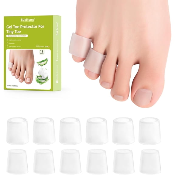 Bukihome Silicone Toe Protectors – Silicone Open Pinky Toe Sleeves for Hammer Toes, Corns, Calluses, Blisters – Soft Gel Protector Toe Cushions for Pain Relief - 12 Count (6 Thick 6 Thin)