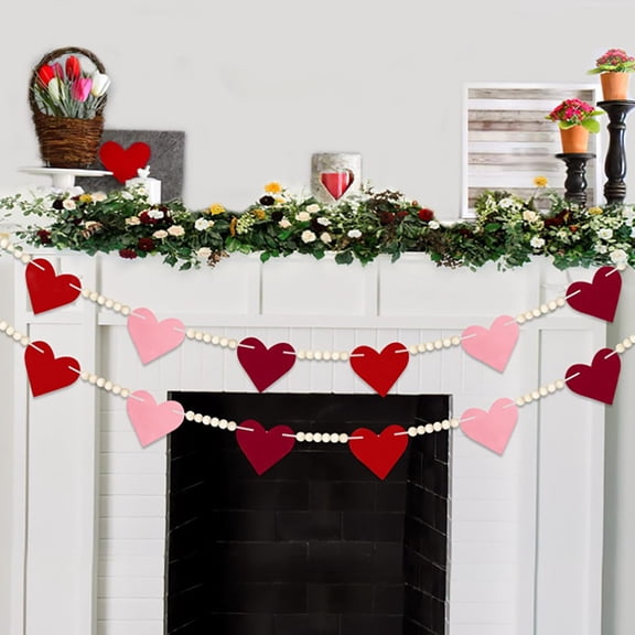 1Pc Pre-Strung Red Pink Felt Heart Wooden Beads Garland Valentine's Day Hanging Decorations,Rustic Farmhouse Banner for Love Celebration,Shelf Display,Fireplace,Wall Valentines Decoration,Red