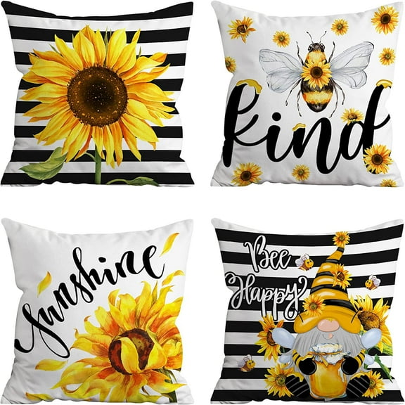 Sunflower Pillow Covers 18x18 Sunflower Decor Gnomes Pillow Covers, Sunflower Decorations Yellow Black Buffalo Plaid Gnomes Throw Pillow Covers for Couch Sofa Living Room Indoor Outdoor