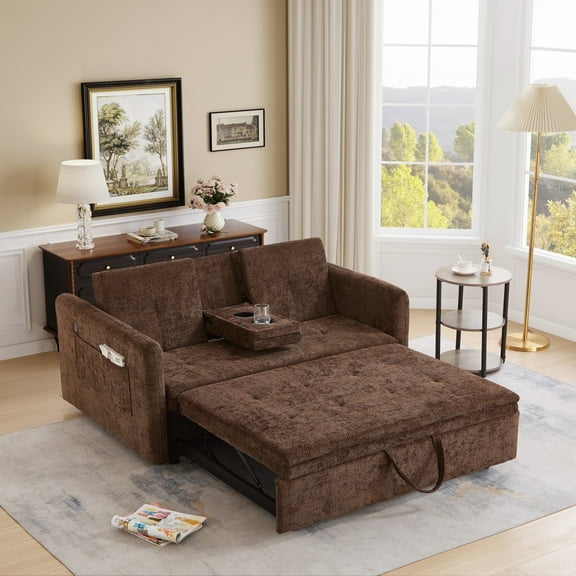 Noodeniya 57" 3 In 1 Convertible Sleeper Couch Bed with two cup holders, pull out sofa bed with USB and Side Pocket, Brown