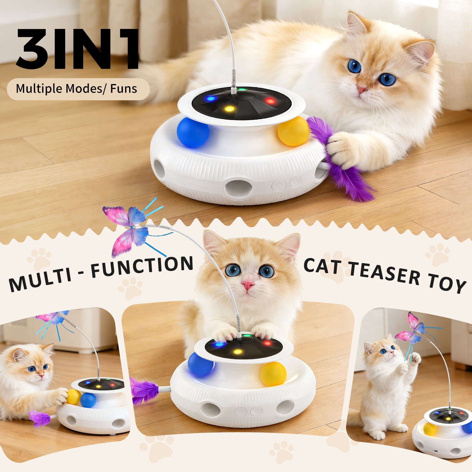 Three-in-one indoor interactive cat toy: Smart cat feather wand, USB rechargeable, White.