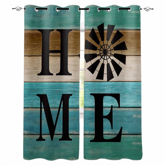 Fsddascl Teal Brown Home Blackout Curtains for Bedroom/Living Room, Thermal Insulated Kitchen Curtains, Vintage Wooden Farmhouse Retro Grommet Darkening Window Treatment Drapes 52"x84"x2