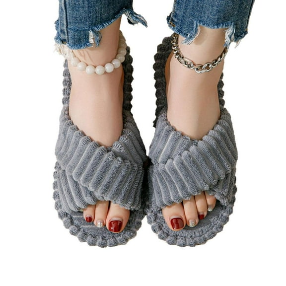 QHUDLV Women Slippers, Open Toe Fashion Corduroy Cross Shoes, Winter Warm Indoor Slippers