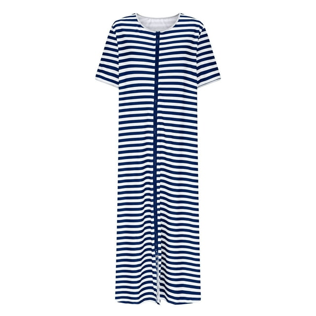 HUJlwoi Chemise de Nuit Imprimée pour Femmes Rayée Longue Robe de Bain Zippée Robe Décontractée Chemise de Nuit Manches 3/4 avec Poches