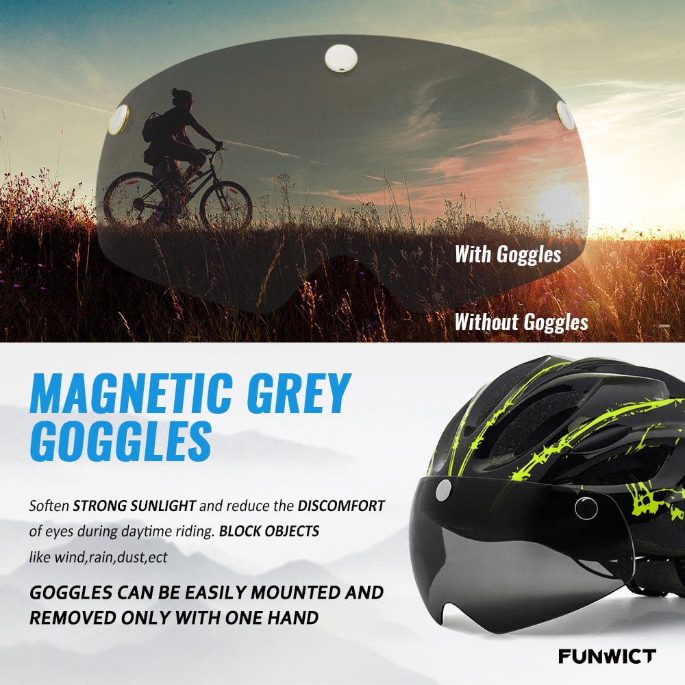 FUNWICT Bicycle Helmet with Light and Magnetic Goggles Lightweight Bike Helmet for Adult Men Women