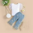 thumbnail image 2 of Odeerbi Toddler Girls 2 Piece Outfits Cotton Puff Sleeve Tops Ripped Jeans Set Summer Clothes Fashion Casual Short Sleeve Blouse Round Neck Solid Color Long Pants Sets White, 2 of 9