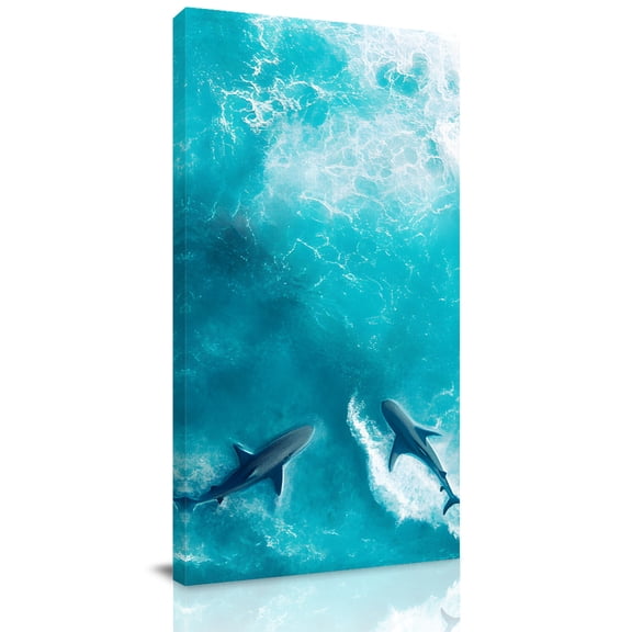 Canvas Wall Art, Teal Blue Ocean Shark Framed Canvas Prints for Bedroom Dining Room, Coastal Wave Summer Beach Oversized Gallery Wrapped Wall Decor for Home Office, Gifts, 20"x40" Ship Next Day