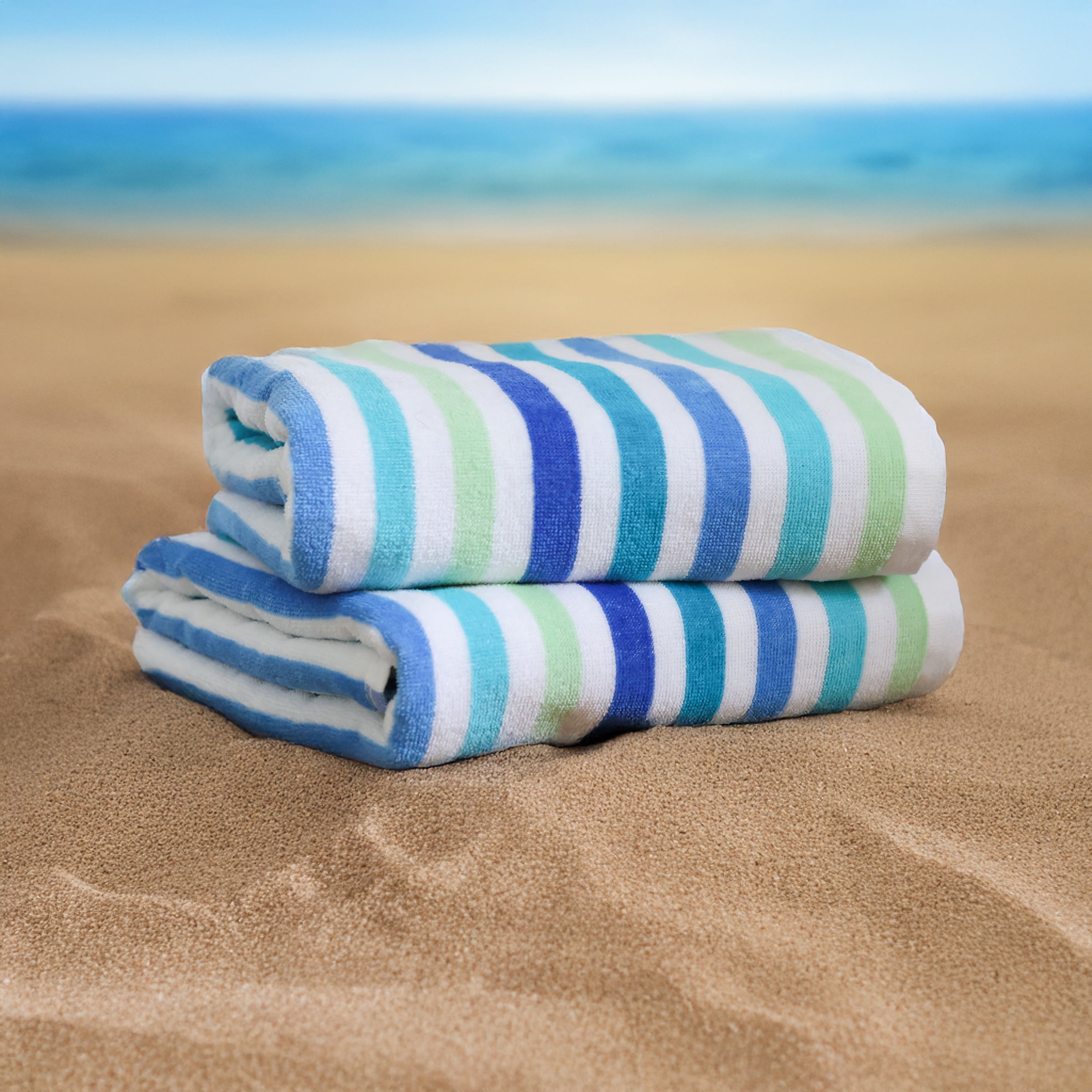 Mainstays Everyday Yarn Dyed Cool Breton Stripe Cotton-Blend Velour Beach Towel, 30 in x 60 in, 2 Pack