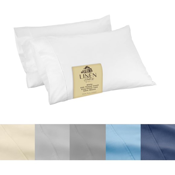 Linen Home 500 Thread Count King Pillowcase Set | 100% Long-Staple Cotton Pillow Cases | Soft & Smooth Luxury Satin Set of 2 Pillowcases | 4 Inch Z Hem | White