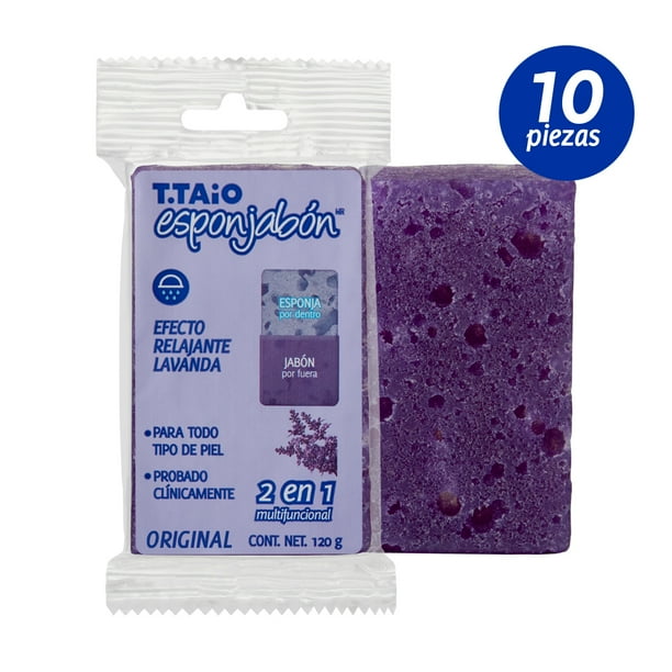 Pack 10 pz Esponjabon Lavanda Relajante T. Taio 120g c/u T.Taio Esponjabon Para todo tipo de piel, Jabón con esponja integrada, 120 gr, Relajante