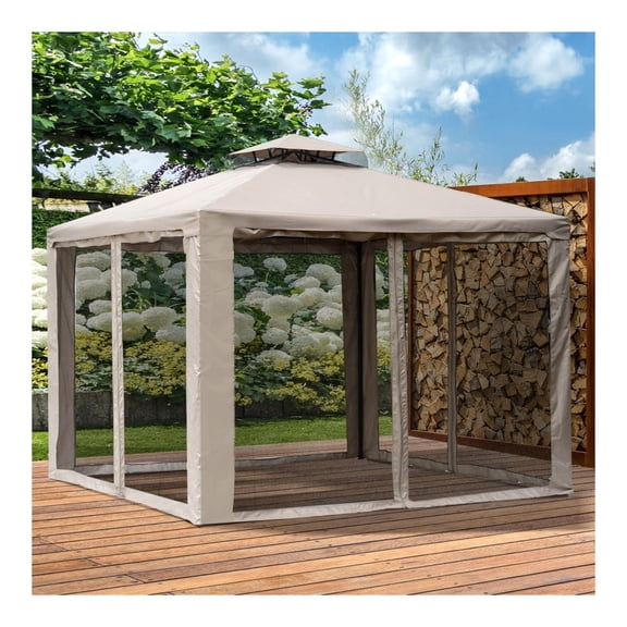 10x10 Gazebo Tent, Outdoor Canopy Shelter with Netting, Vented Roof, Steel Frame - Taupe