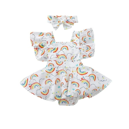

EHTMSAK Newborn Infant Baby Toddler Cartoon Clothes Flutter Sleeve Jumpsuit for Girl Summer Sleeveless with Headband Set Suspender Romper White 0-18M 80