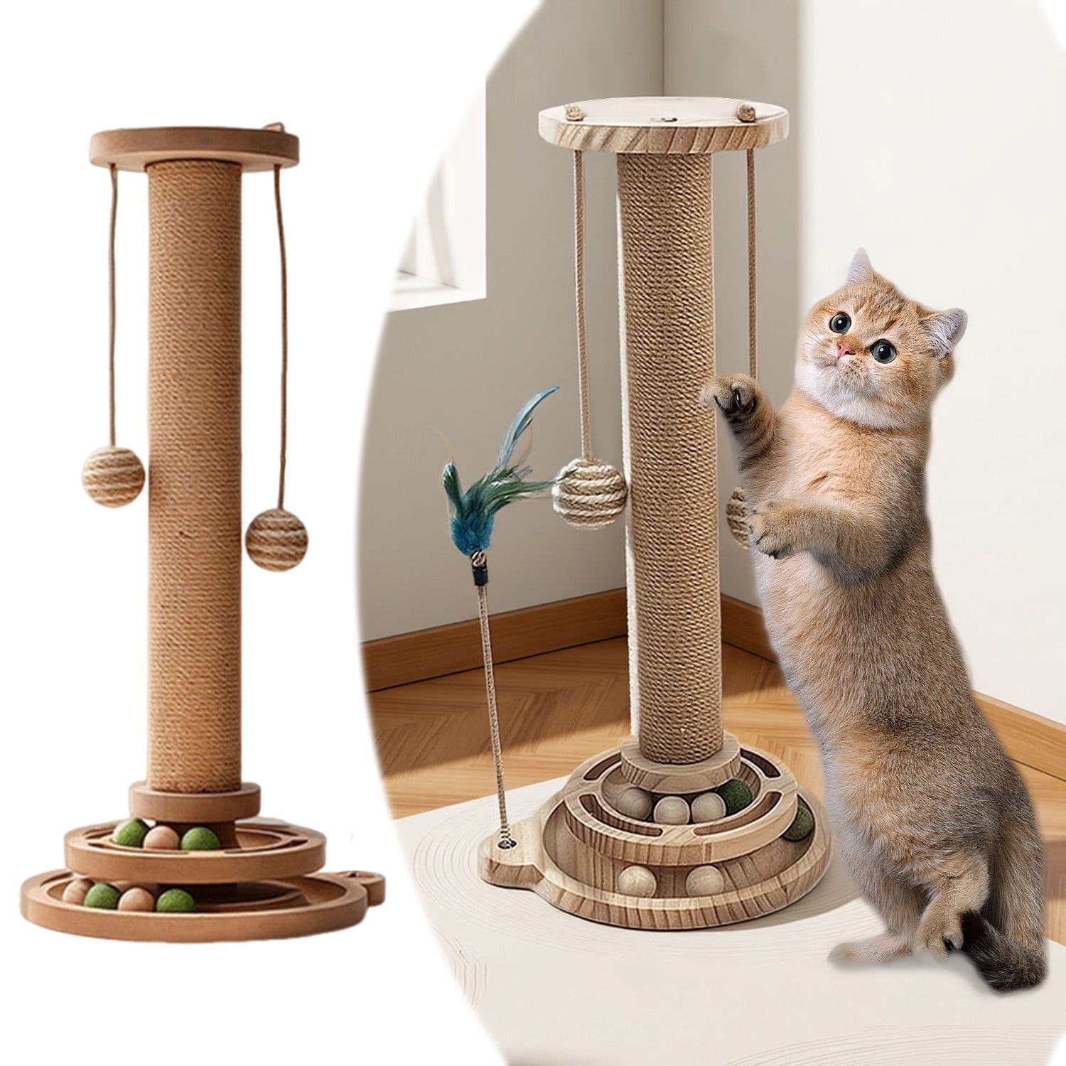 Cat Scratching Post, 1 Wooden Cat Scratcher Toy, Tall Scratch Post with 2 Level Cat Track Balls, Interactive Feather Toy and 2 Sisal Hanging Balls for Indoor Kittens, Adult Cats (49x30x30cm)