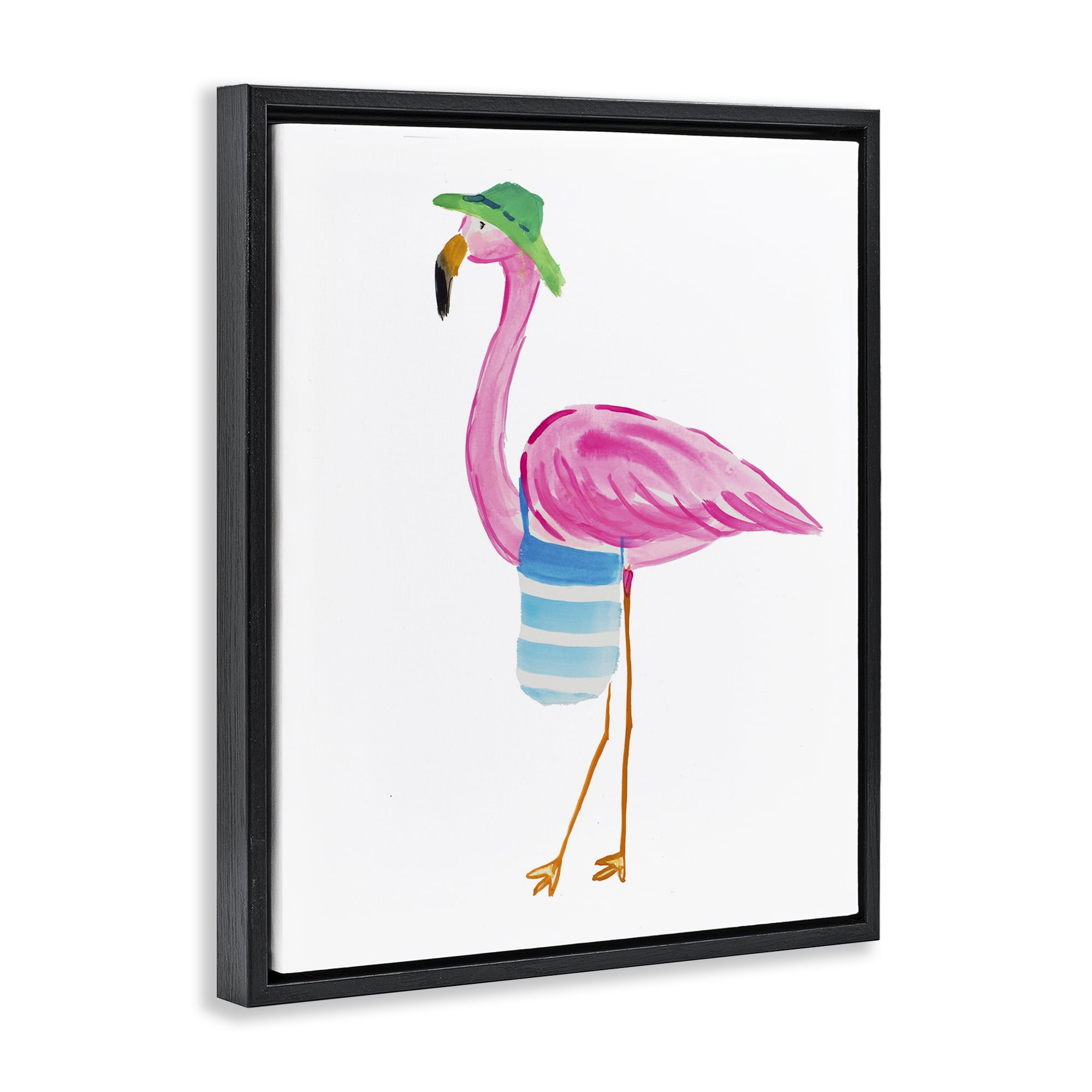 Stupell Industries Flamingo with Beach Tote Animals & Insects Painting Black Floater Framed Canvas Art Print Wall Art, 17 x 21