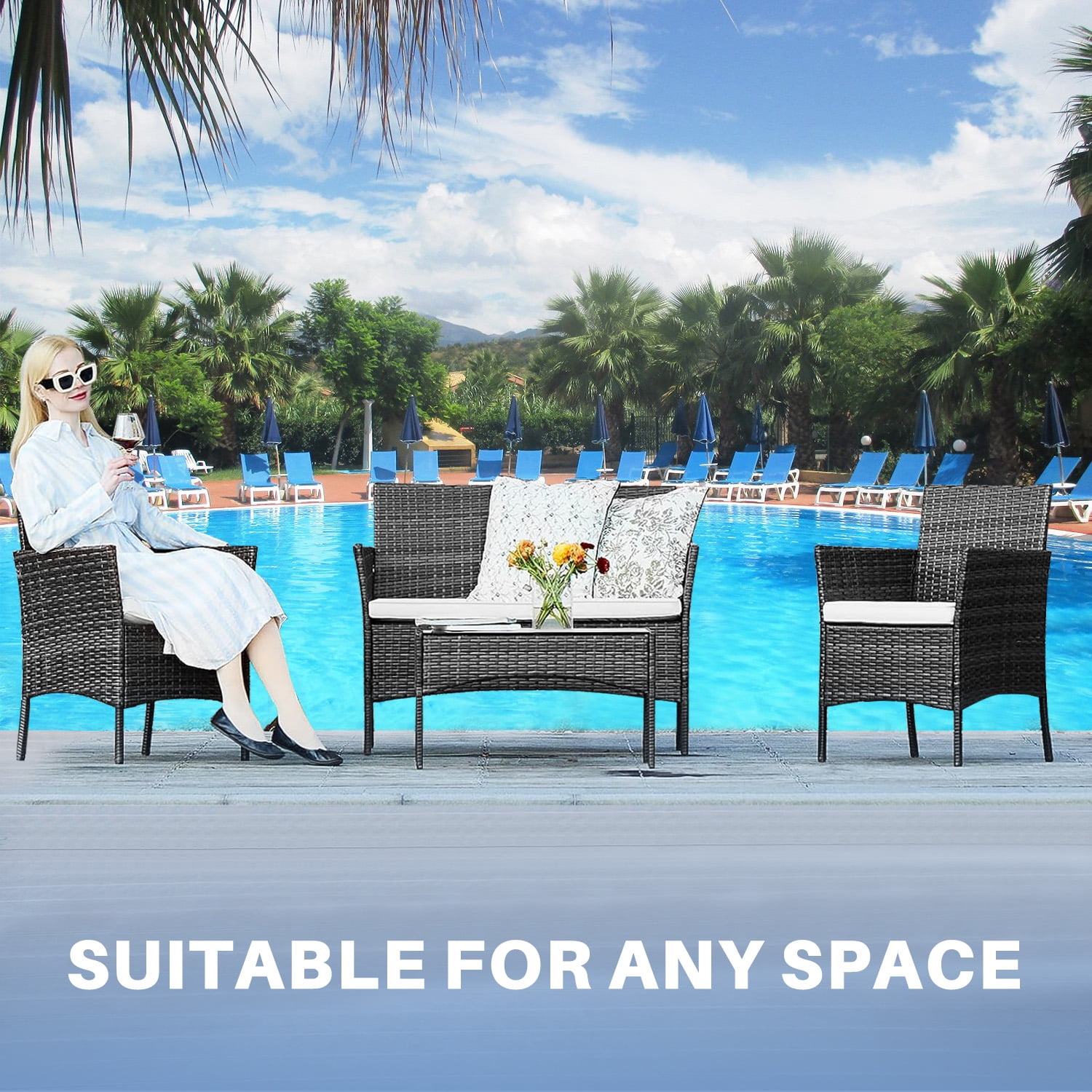 Simenmax Patio Furniture Set 4 Pieces, Outdoor Wicker Furniture with Coffee Table, Modern Rattan Patio Chairs Conversation Sets with Sofa for Garden, Terrace, Porch, Balconies, Lawns,Black