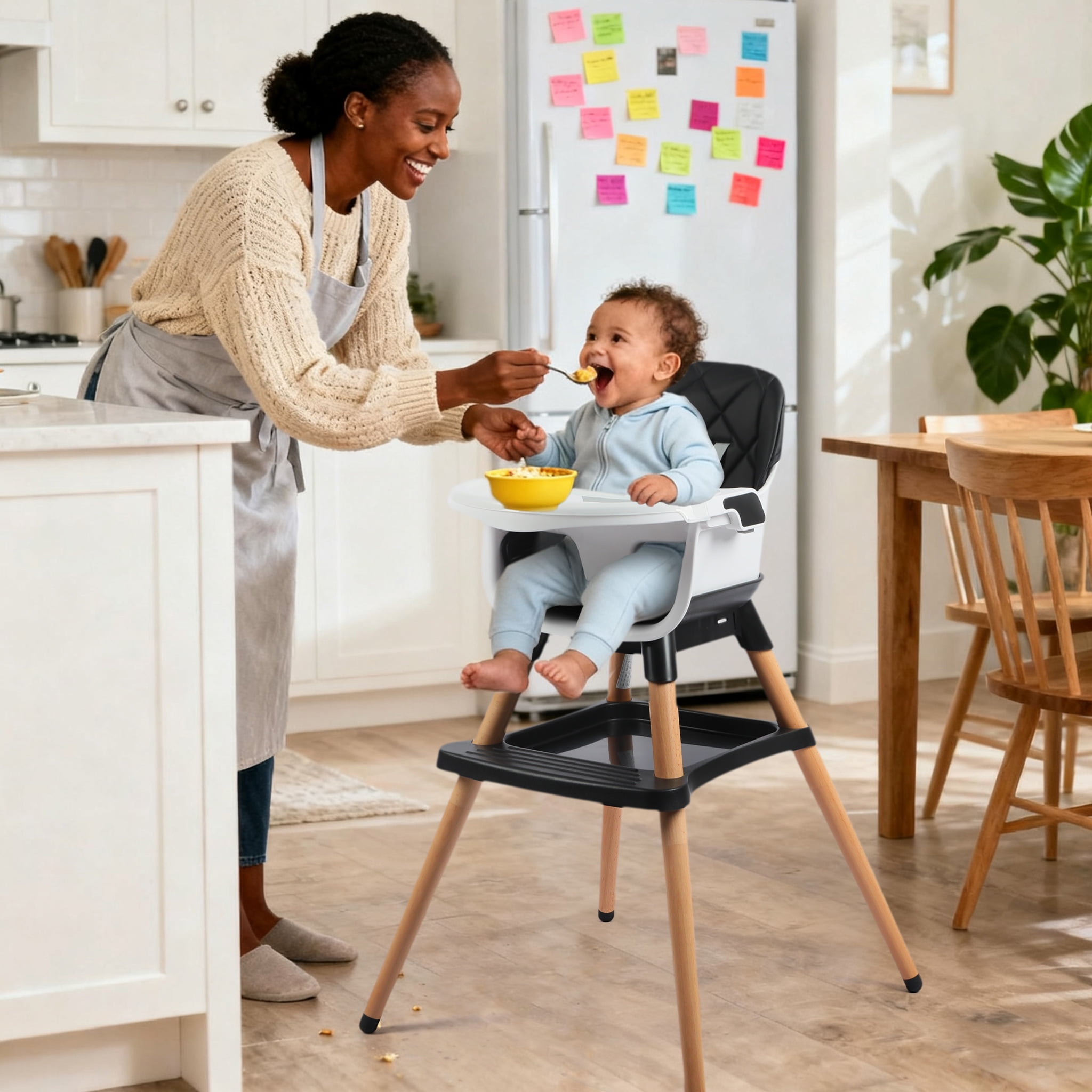 AILEEKISS 7 in 1 Wooden Baby High Chair for Toddler, Infant Feeding Chair with Removable Tray, Black