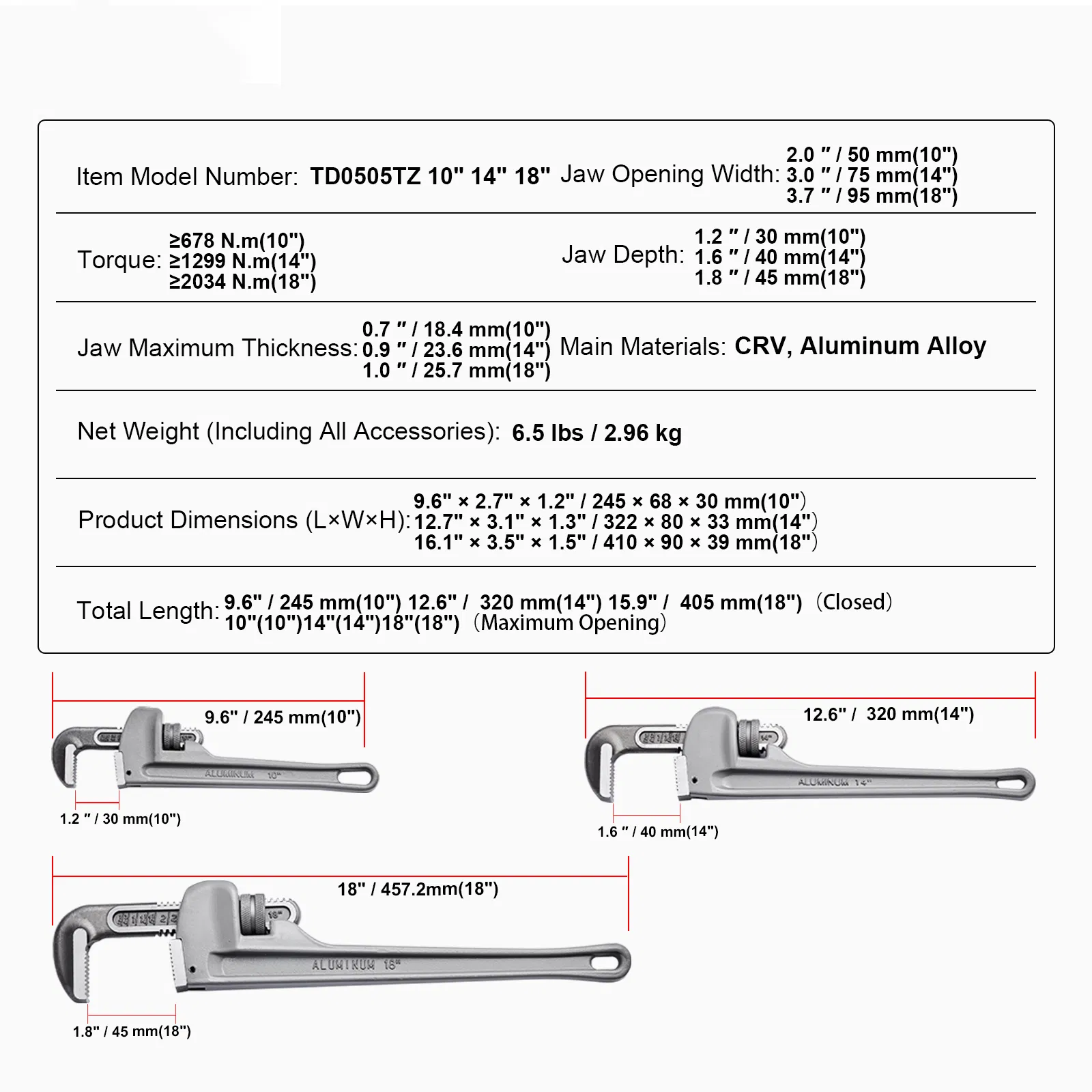 3-Piece Adjustable Aluminum Pipe Wrench Set with 10",14",and 18" Wrenches,High Strength Jaws,Ergonomic Handles for Plumbing and Automotive Repairs