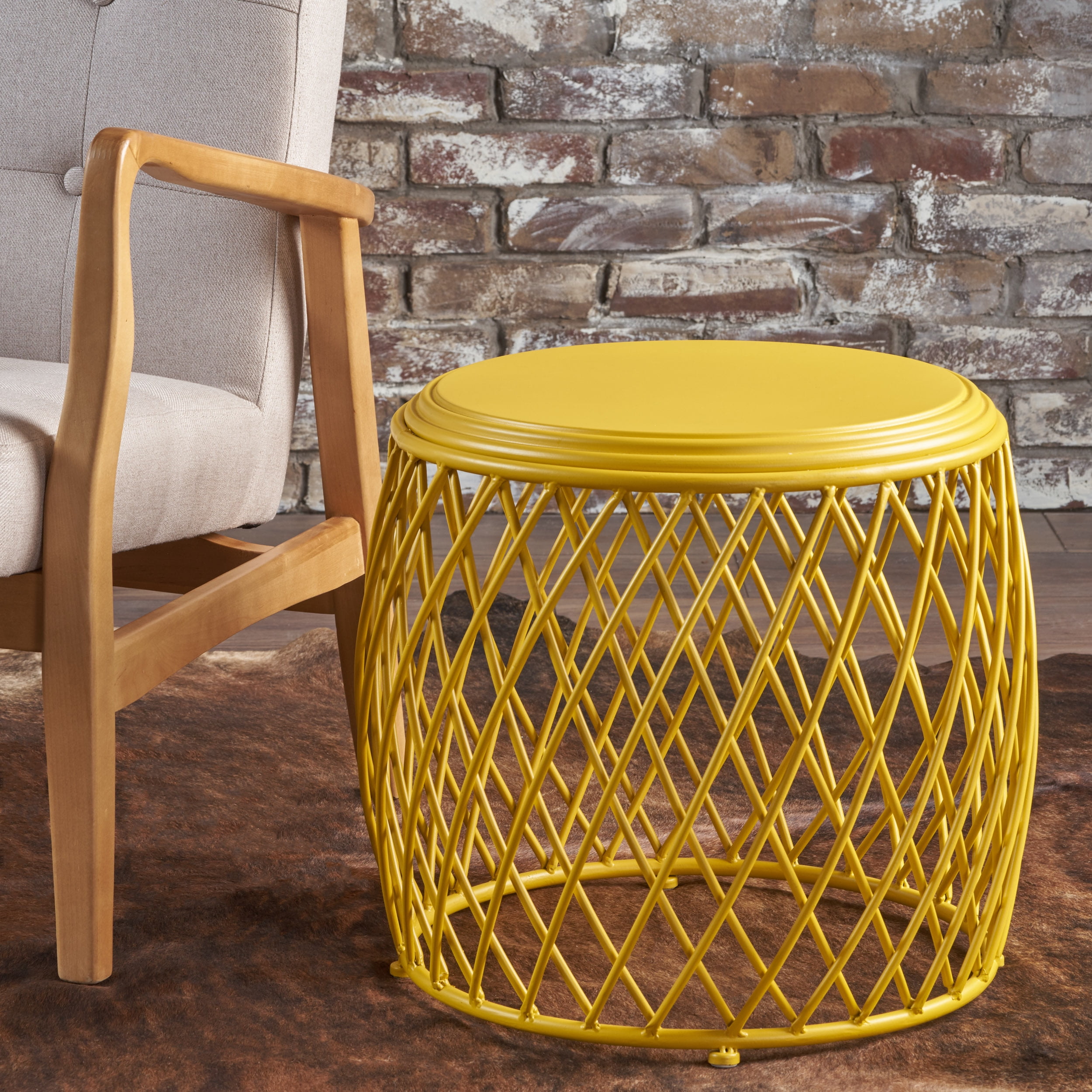 Noble House Byron Indoor 19 Inch Diameter Lattice Iron Side Table Yellow