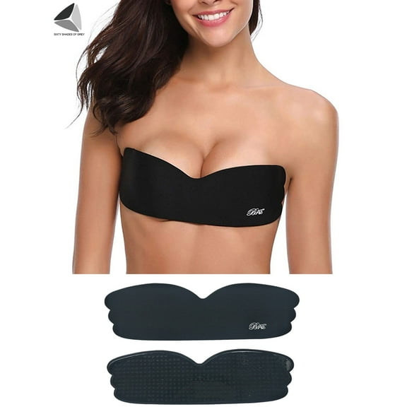 PULLIMORE Womens Backless Invisible Bras One Piece Self-Adhesive Push UP Strapless Bra Nippleless Covers (Cup A/B, Black)
