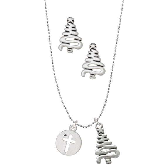 Delight Jewelry Silvertone Cross Silhouette Silver tone Zig Zag Christmas Tree Charm Necklace and Stud Earrings