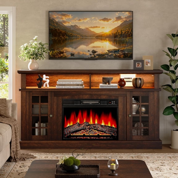 SESSLIFE Fireplace TV Stand for 65 Inch TV, LED TV Console with 23''Electric Fireplace, Entertainment Center Television Table for Living Room or Bedroom, Brown