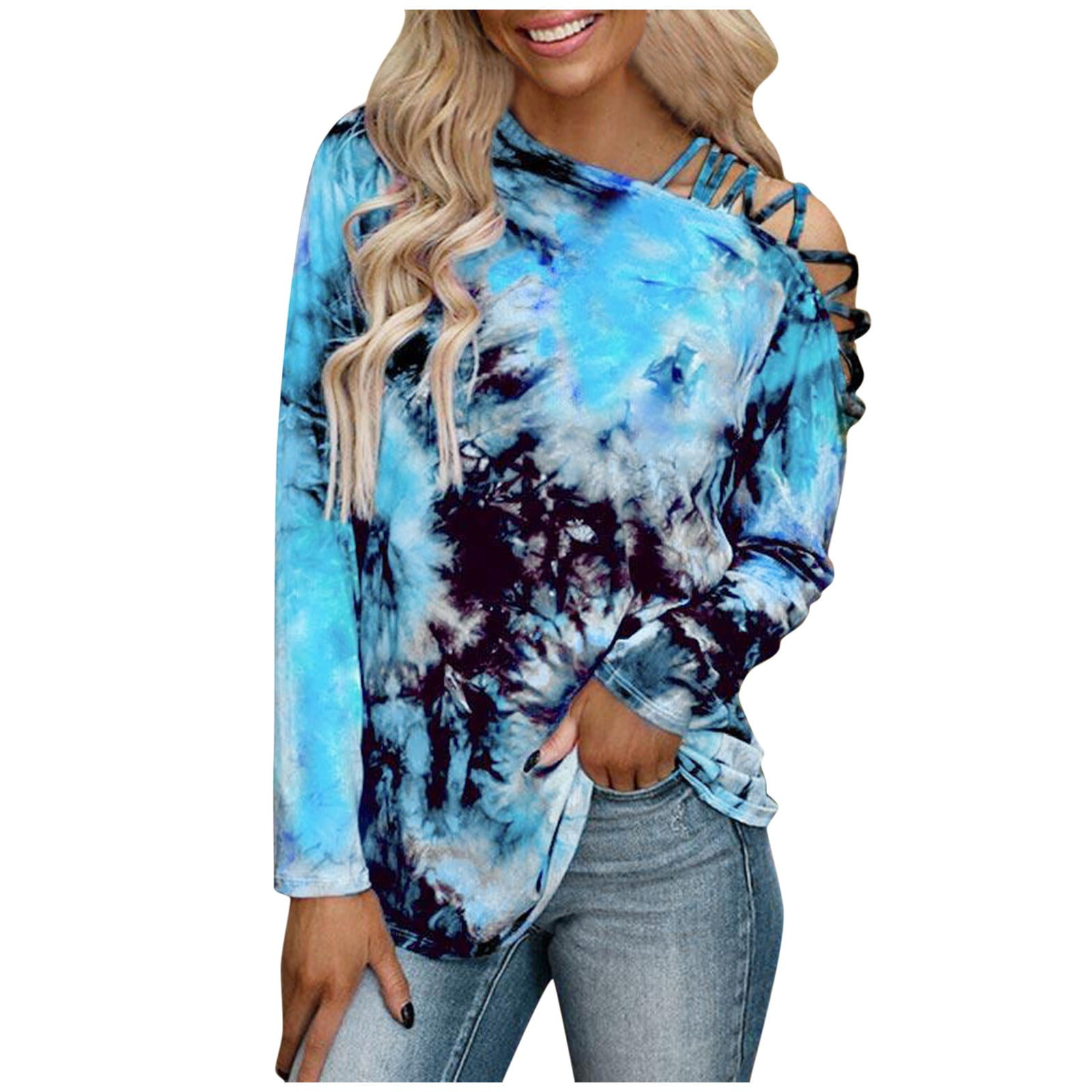 Womens Cold Shoulder Summer T-shirts Ladies Casual Loose Tie-dye Blouse Tee Tops