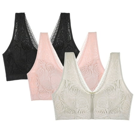 

Spdoo Women s Wireless Post Surgery Sports Bra Zip Front Comfort Lace Trim Brassiere with Removable Pads Pack of 3