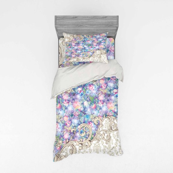 Ambesonne Flower Bedding Set 3 Pcs, Baroque Hydrangeas Swirls, Twin, Lilac and Cream