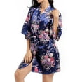 thumbnail image 3 of Defitshape Women's Satin Kimono Robe Lightweight Silk V Neck Pattern Dressing Gown Floral Print Bathrobe Short Belted Spa Sleepwear Bridal Bride 3/4 Sleeve Navy XX-Large, 3 of 5