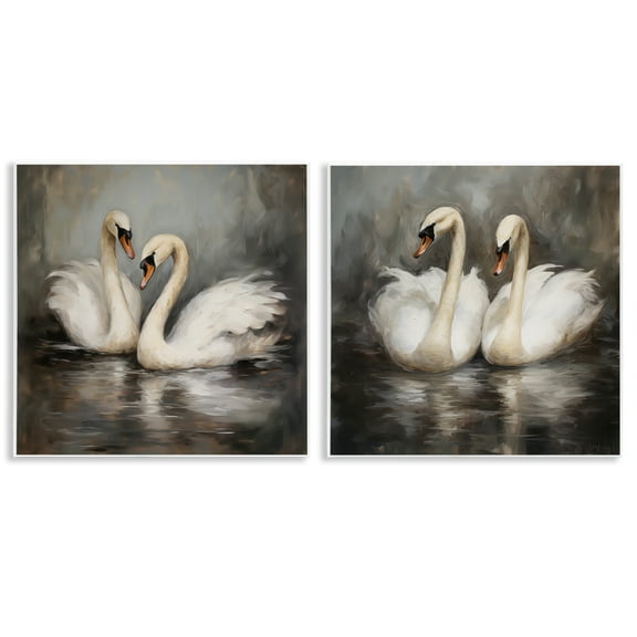 Stupell Industries Twin Swans with Reflections Animals Painting Unframed Art Print Wall Art, 12 x 12, Set of 2