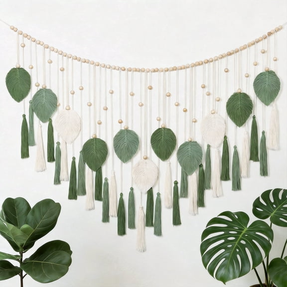 Large Macrame Wall Hanging 1PC Boho Handmade Woven Tapestry with Wood Beads Leaf Feather Art Decor 51"W x 31.5"L Cotton Bedroom Living Room Beige Green
