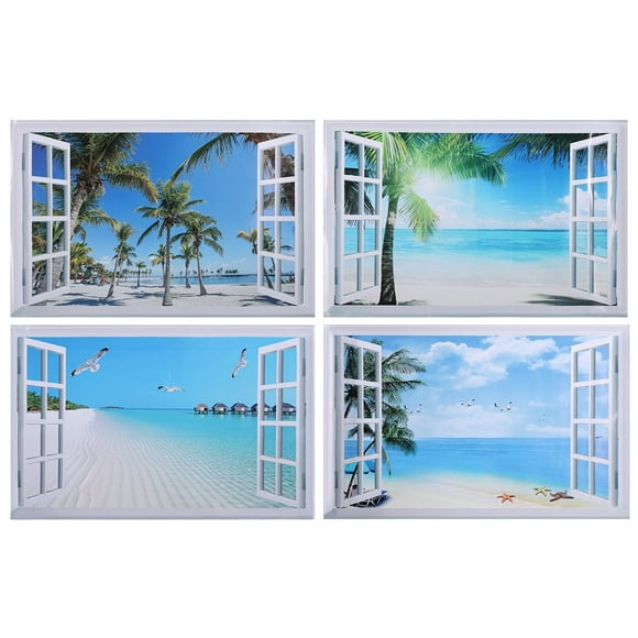 4 PCS Fake Windows, Removable Wall Stickers 35.4" x 22.5", Beach Scenic Window Decal, Mural 3D Self-adhesive Window Poster, Coastal View Wall Sticker for Living Rooms, Bedrooms, Offices