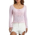 thumbnail image 6 of hirigin Women Knit T-shirt, Long Sleeve Square Neck Hollowed Solid Fall Tops for Casual Street, 6 of 9