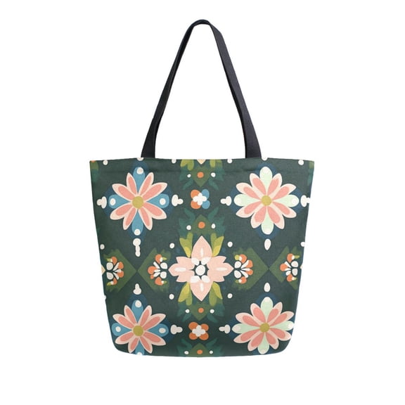 FORMRS Womens Canvas Tote Bag with Zipper Inner Pocket Shoulder Handbag, Pink Geometric Flowers