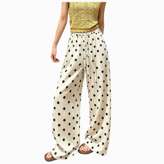Pants For Women Polka Dot Women Linen Pants Trousers Slacks Elastic Waist Baggy Pants Sweatpants Jogger Pants M Beige Women Sports Pants