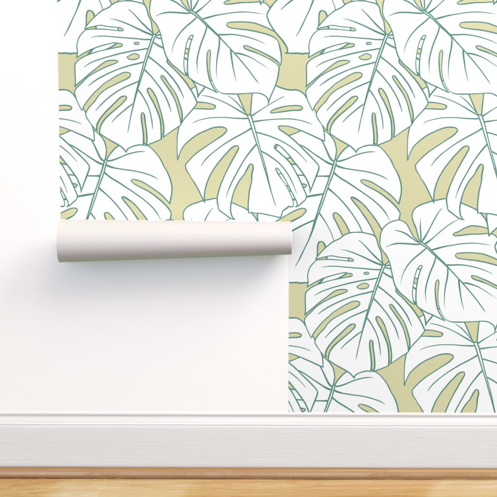 Peel & Stick Wallpaper 12ft x 2ft Monstera Champagne Green Leaves