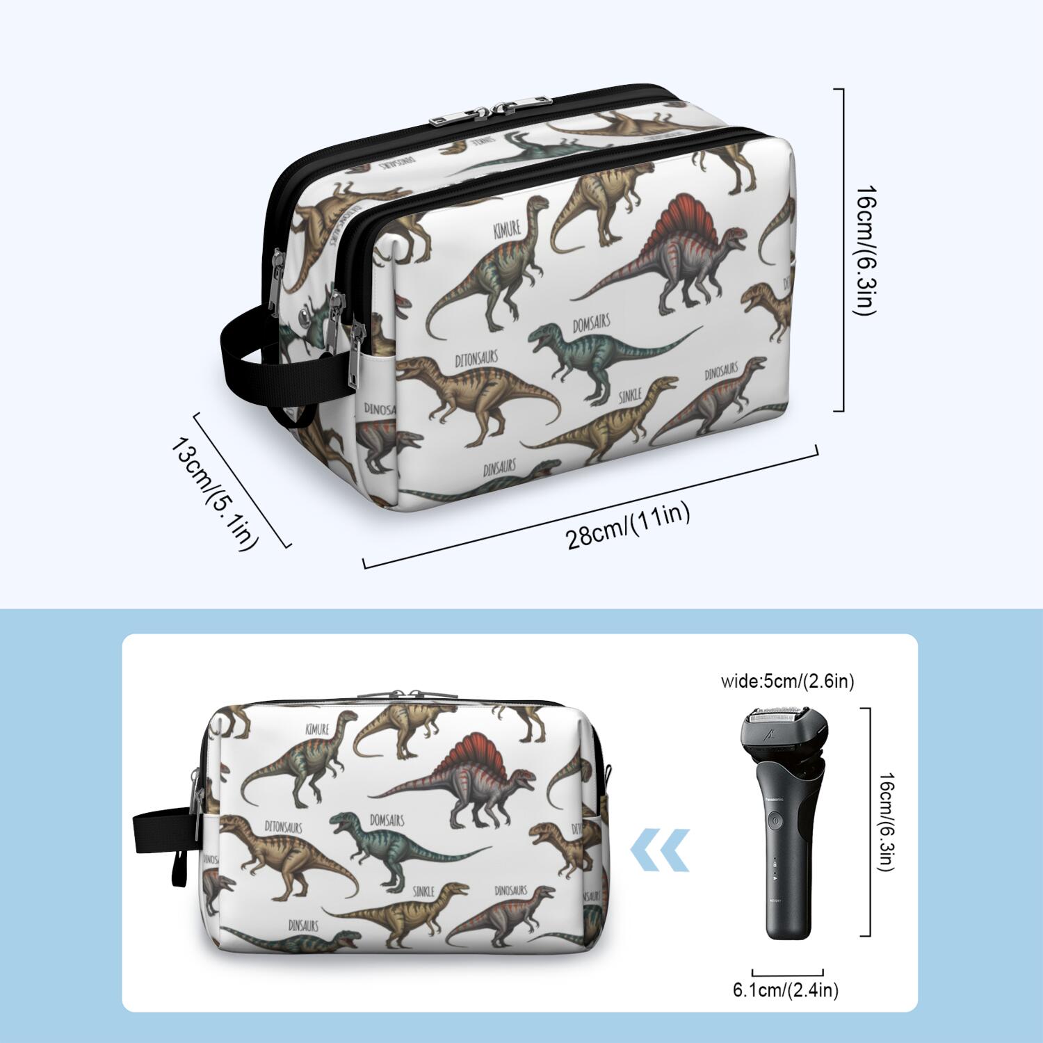 Toiletries Bag,Cartoon Dinosaurs Names Pattern Mens Womens Toiletry Bag Bathroom Bag,Waterproof Toiletry Travel Bag Dopp Kit Shaving Bag 11x6.3x5.1 Inch